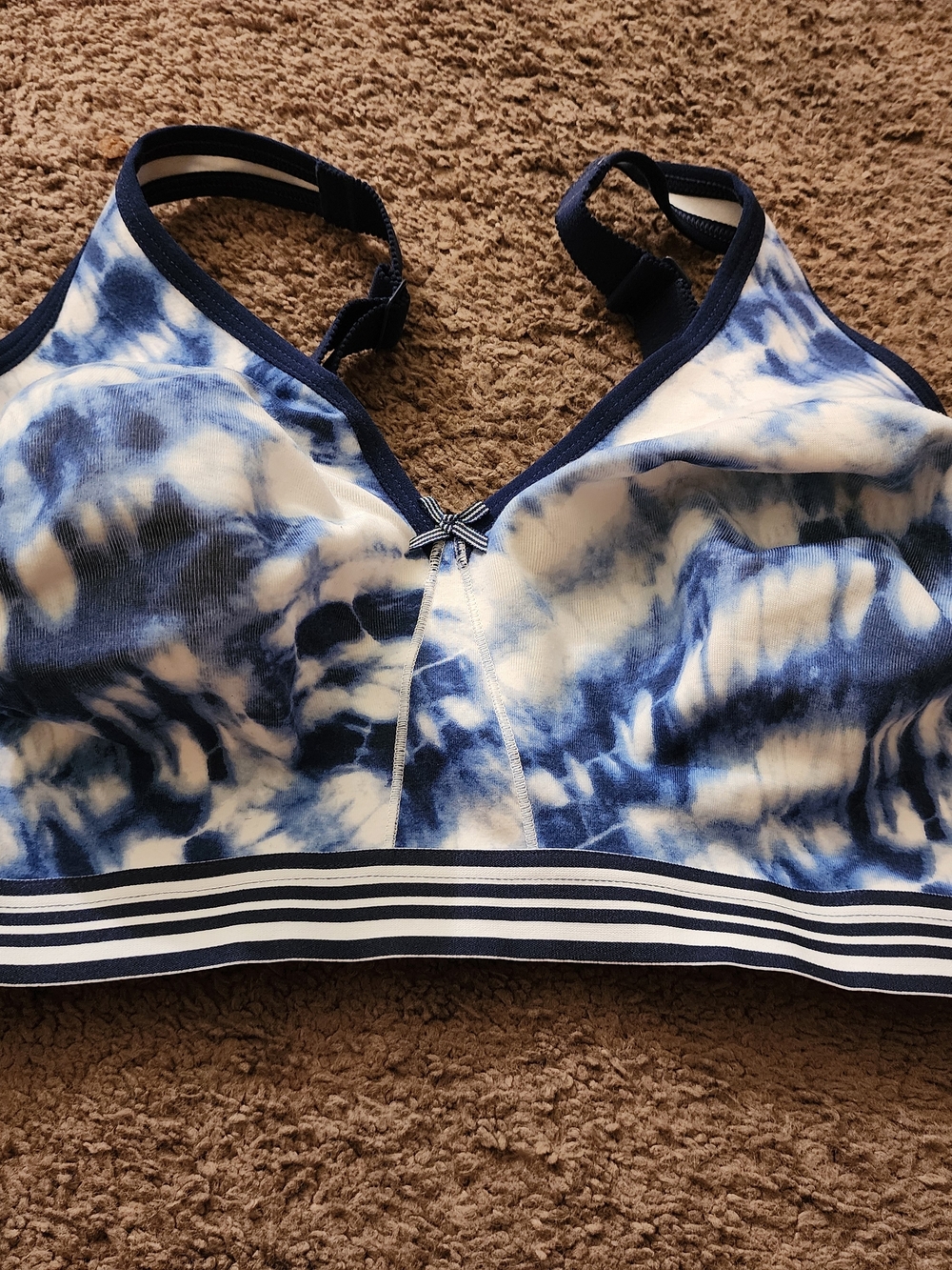 Blue Tie-Dye Sports Bra with Striped Elastic Band